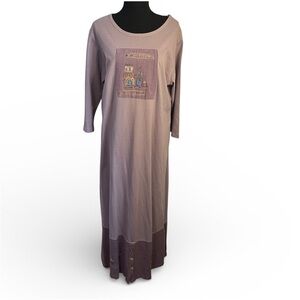 Chalet et Ceci Mauve Cotton Linen Maxi Dress L USA Made Artsy Embroidered Patch